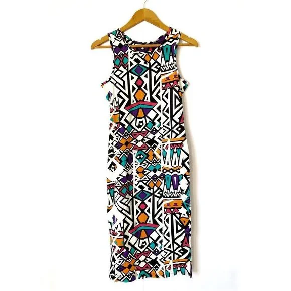 LUST N MUST Tribal Print 90s Multicolored Bodycon Sleeveless Midi Dress - Picture 1 of 7